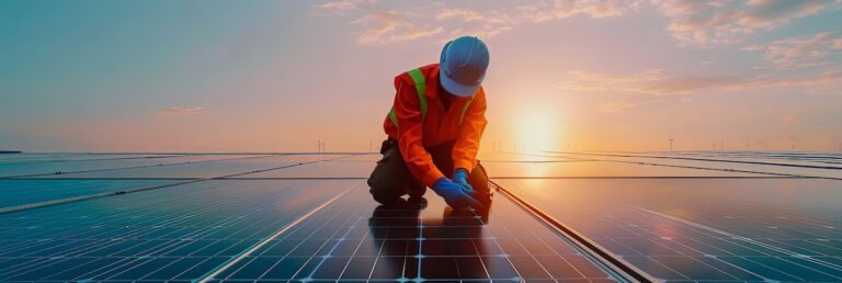 Solar pannel engineer next to photovoltaic pannels checking